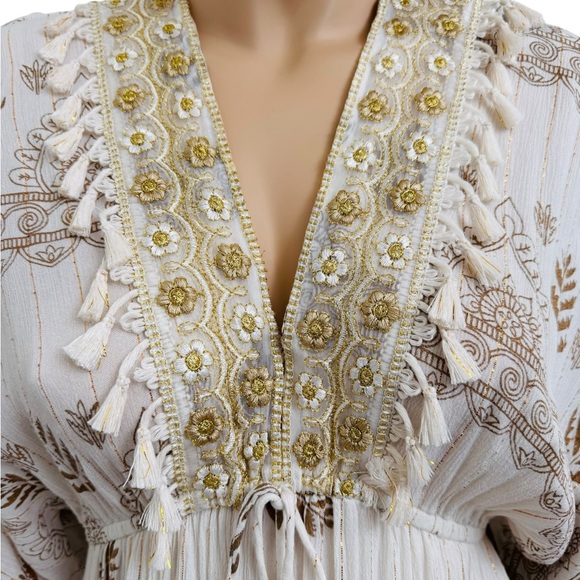 Zuri Embroidered Boho Maxi Dress Gold Embroidered Tassel V-Neck Free Size - Picture 5 of 9